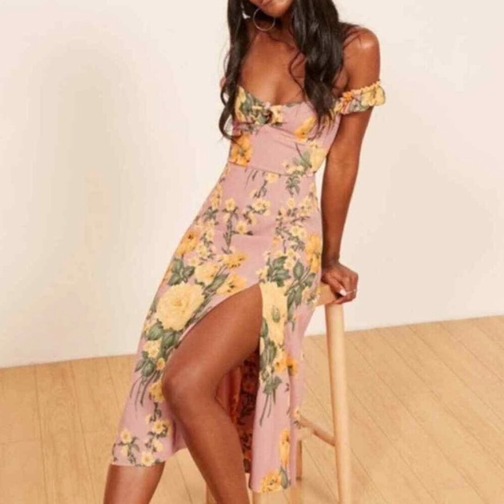 Reformation Cordova Floral Print Off The Shoulder Midi Dress In Antoinette Blush